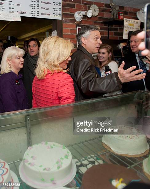 Republican presidential candidate Jon Huntsman visiting a bakery with his wife Mary Kaye Huntsman during a campaign event in stop in Nashua, NH on...