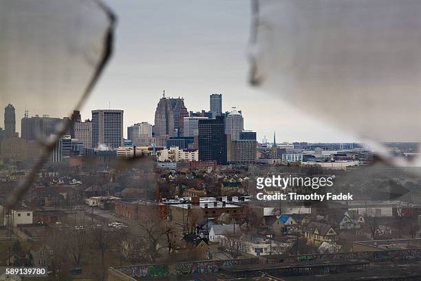 View of Detroit from the 14th Floor of the Michigan Central Train Station. The decades-long decline of the U.S. Automobile industry is acutely...