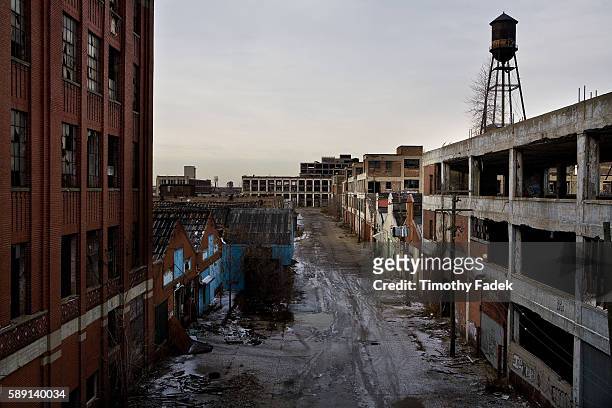 Abandoned factories. The decades-long decline of the U.S. Automobile industry is acutely reflected in the urban decay of Detroit, the city once...