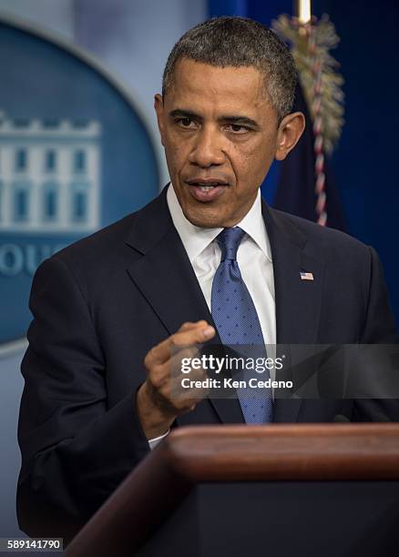 President Obama makes remarks in the James Bradey briefing room of the White House after meeting with Congressional leaders December 28, 2012. The...