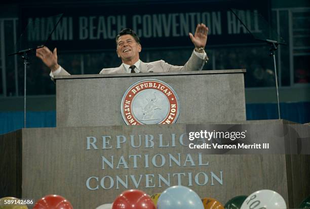 American politician California Governor Ronald Reagan speaks from the podium during the Republican National Convention at the Miami Beach Convention...