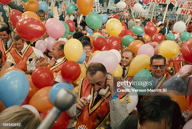 View of delegates from California covered with balloons on the floor of the Republican National Convention at the Miami Beach Convention Center,...