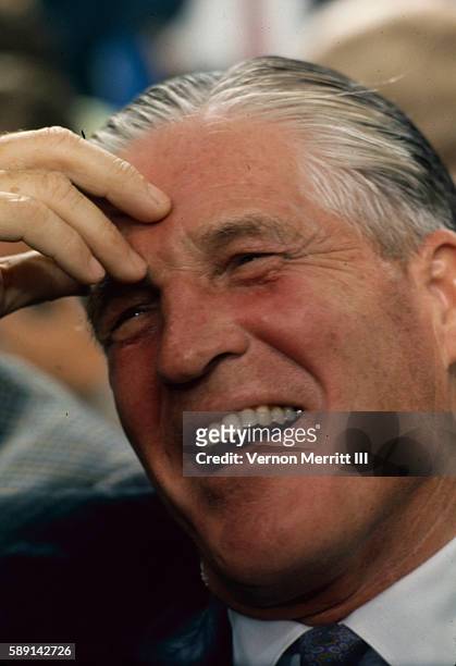 Close-up of American politician Governor of Michigan George W Romney as he laughs during the Republican National Convention at the Miami Beach...
