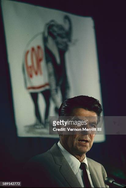 American politician California Governor Ronald Reagan speaks from the podium during the Republican National Convention at the Miami Beach Convention...