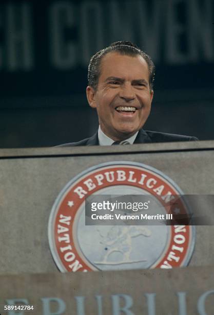 During Republican National Convention, American politician Richard Nixon laughs as he speaks from the podium at the Miami Beach Convention Center,...