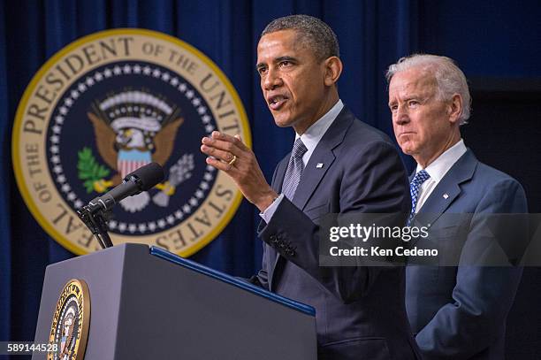 President Barak Obama and Vice President Joe Biden announce the administration's new gun law proposals to reduce gun violence January 16, 2013 in...