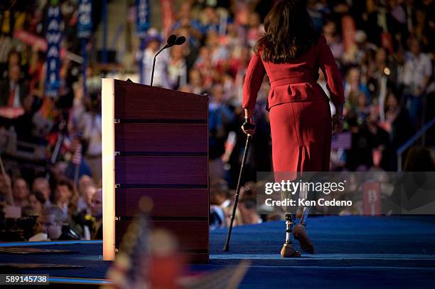 Iraqi war veteran and Illionois delagate Maj. Tammy Duckworth wearing prosthetic legs as she speaks during the Democratic National Convention in...