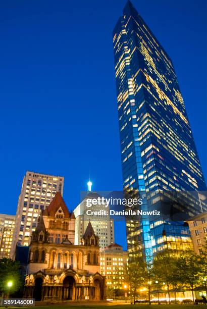 john hancock tower and trinity church - copley square stock pictures, royalty-free photos & images