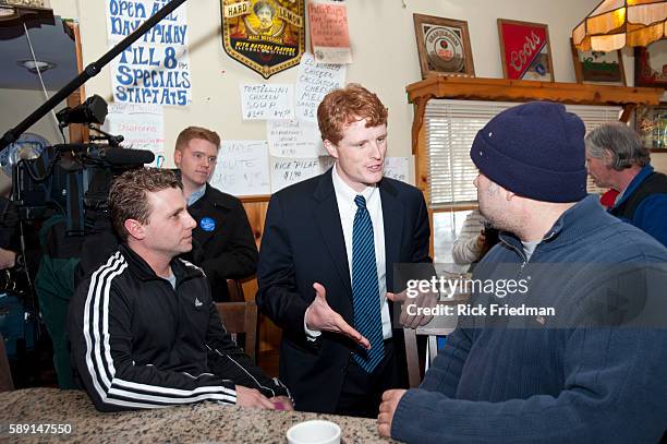 Joseph Kennedy III campaigning at Crivello's Crossing in Milford, MA on the 1st day of his campaign for the MA 4th Congressional District seat being...