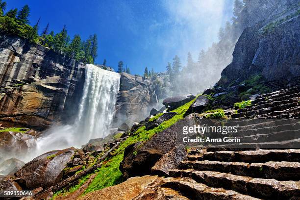 heavy spray from vernal falls along the mist trail in early summer, yosemite national park - yosemite national park ストックフォトと画像