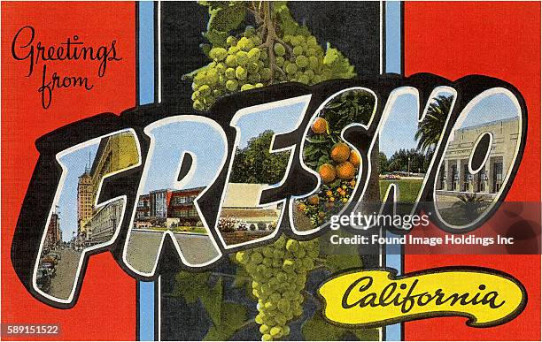 Vintage large letter illustrated postcard images of grapes on a vine, oranges on a tree, Memorial Auditorium, city streets, and gardens ’Greetings...