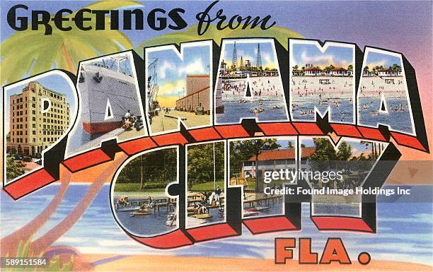 Vintage large letter illustrated postcard images of the Dixie Sherman Hotel, boating, beach, and recreation ’Greetings from Panama City, Florida’,...