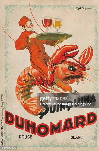 Vintage illustration of an advertisement of a smiling bellhop carrying a tray of wine glasses while riding a lobster ’Quinquina Duhomard’, 1910s.