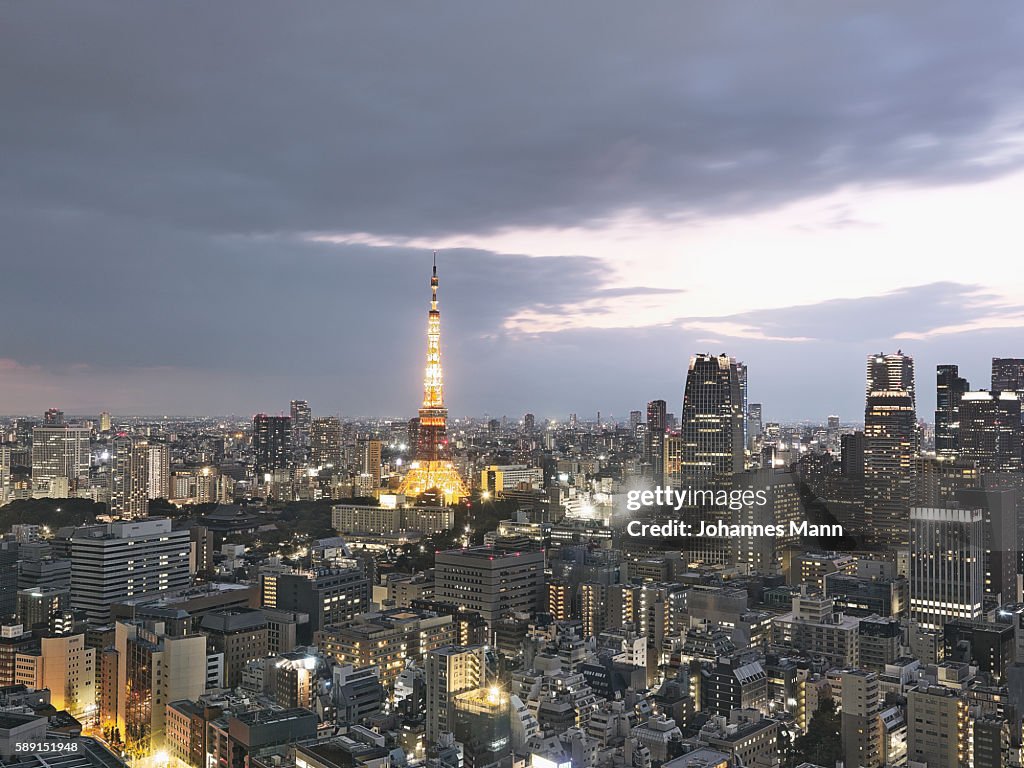 Cityscape with Tokyo Tower at dusk, Honshu, Tokyo, Kanto Region, Japan