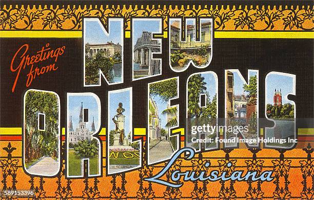 Vintage large letter illustrated postcard images of Jackson Square, the French Quarter, John McDonogh Monument, Crescent City Connection, ironwork,...