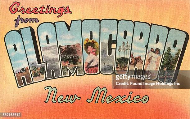 Vintage large letter illustrated postcard images of desert and mountain scenes, cacti, Native Americans, a Mexican woman, a cowboy on horseback, and...