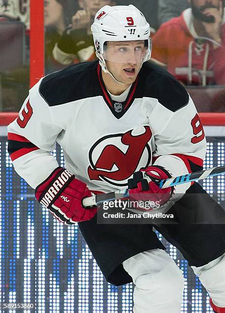 Jiri Tlusty of the New Jersey Devils plays in the game against the Ottawa Senators at Canadian Tire Centre on October 22, 2015 in Ottawa, Ontario,...