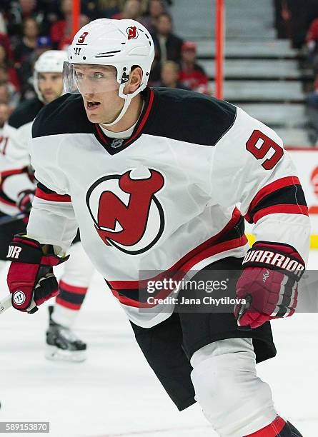 Jiri Tlusty of the New Jersey Devils plays in the game against the Ottawa Senators at Canadian Tire Centre on October 22, 2015 in Ottawa, Ontario,...