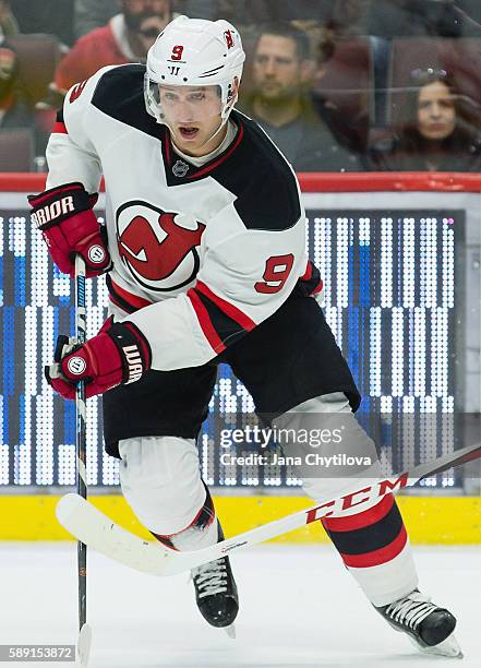 Jiri Tlusty of the New Jersey Devils plays in the game against the Ottawa Senators at Canadian Tire Centre on October 22, 2015 in Ottawa, Ontario,...