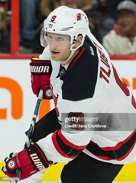 Jiri Tlusty of the New Jersey Devils plays in the game against the Ottawa Senators at Canadian Tire Centre on October 22, 2015 in Ottawa, Ontario,...