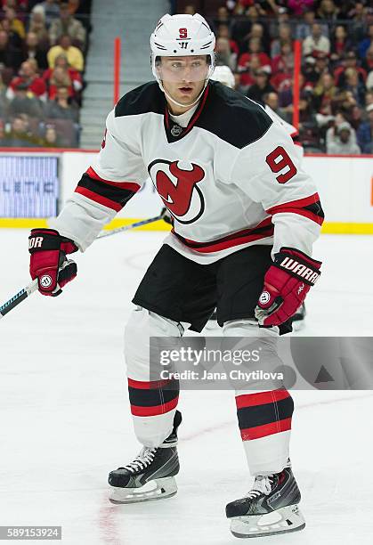 Jiri Tlusty of the New Jersey Devils plays in the game against the Ottawa Senators at Canadian Tire Centre on October 22, 2015 in Ottawa, Ontario,...