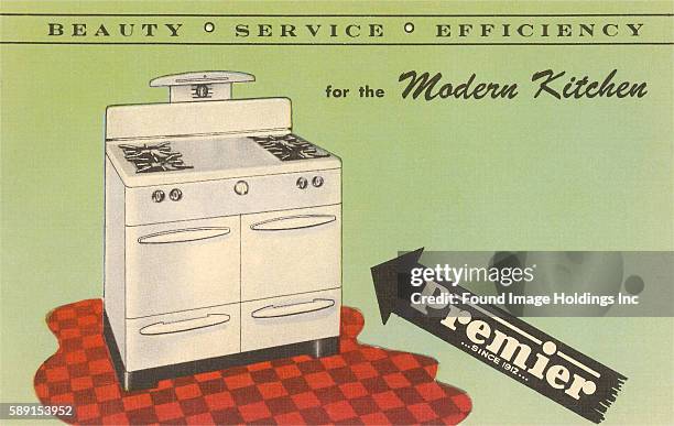 Vintage illustration of an advertisement for a double-oven gas stove with timer and light ‘Beauty, Service, Efficiency for the Modern Kitchen....