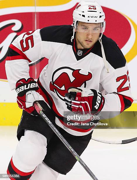 Stefan Matteau of the New Jersey Devils warms up before the game against the Ottawa Senators at Canadian Tire Centre on October 22, 2015 in Ottawa,...