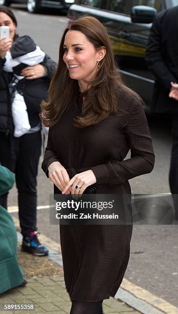 Catherine, Duchess of Cambridge, wearing a brown silk Hobbs dress, attends an event hosted by The Fostering Network to celebrate the work of foster...