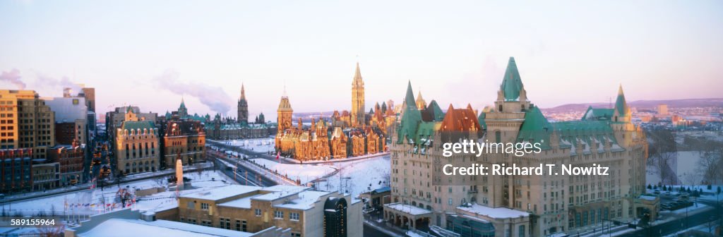 Ottawa's Chateau Laurier Hotel and Parliament Buildings in Winter