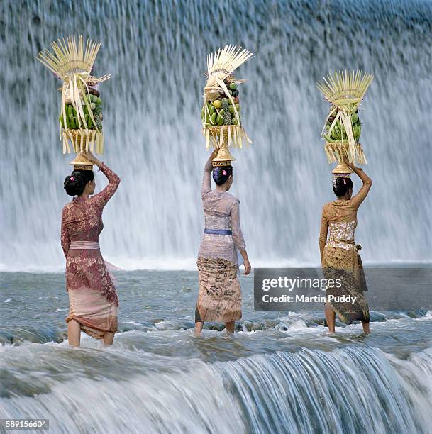 women carrying offerings walking across waterfall - denpasar stockfoto's en -beelden