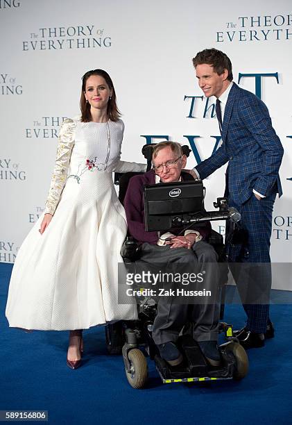 Felicity Jones, Professor Stephen Hawking and Eddie Redmayne arriving at the UK premiere of "The Theory of Everything" at the Odeon Leicester Square...