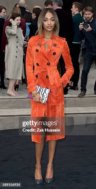 Jourdan Dunn arriving at the Burberry Prorsum show at the London Collections: Men AW15 in London.