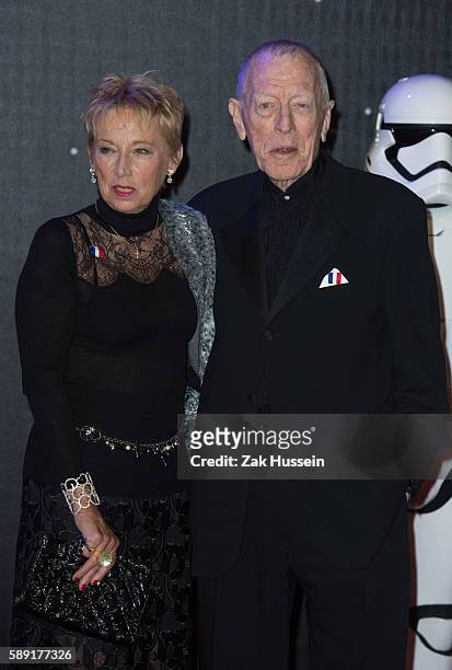 Catherine Brelet and Max Von Sydow arriving at the European premiere of "Star Wars - The Force Awakens" in Leicester Square, London