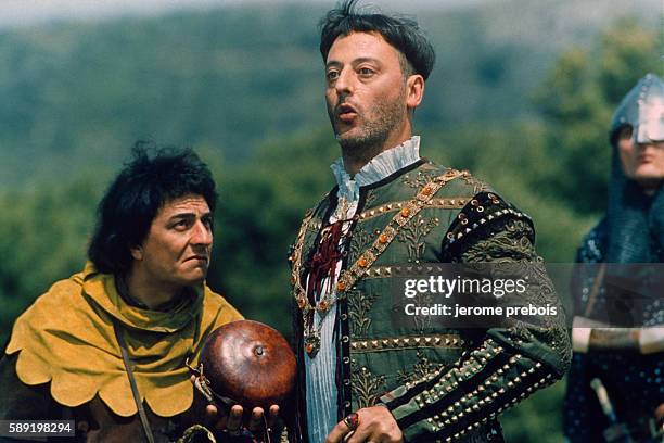 French actors Christian Clavier and Jean Reno in the film "Les Visiteurs", directed by Jean-Marie Poire.