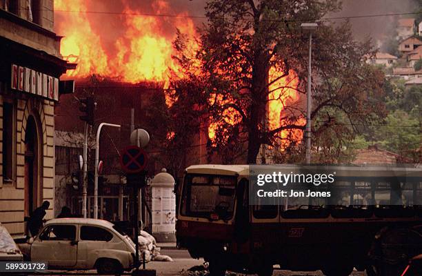 Civil war continuing in Bosnia. Sarajevo burning after shelling.