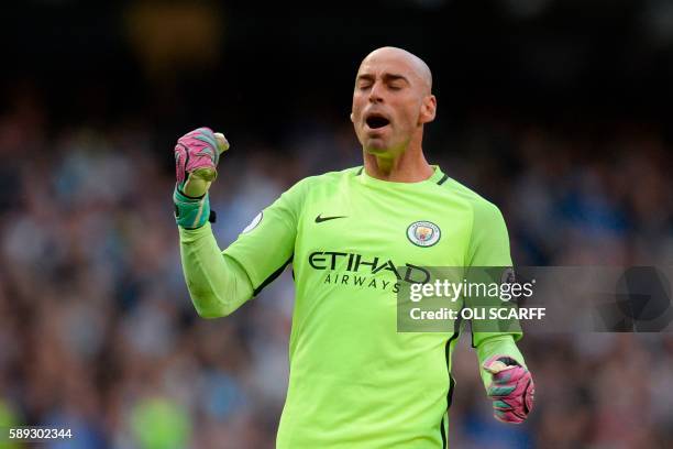 Manchester CIty's Argentinian goalkeeper Willy Caballero celerbates their second goal during the English Premier League football match between...