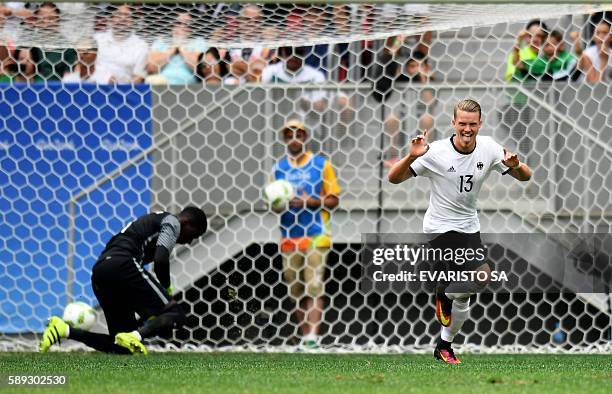 Germany 's player Philipp Max celebrates after scoring against Portugal during the Rio 2016 Olympic Games Quarter-finals men's football match...