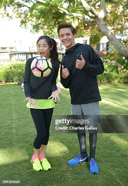 Actors Ashley Liao and Noah Urrea attend Nike Young Athletes Swoosh Saturday Featuring The Cast Of Amazon Original Series "The Kicks" at Nike The...