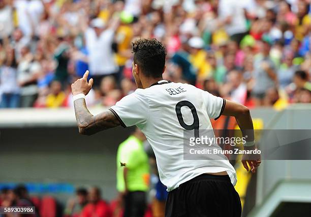 Davie Selke of Germany celebrates his goal against Portugal during the second half of the Men's Football Quarterfinal match on Day 8 of the Rio 2016...