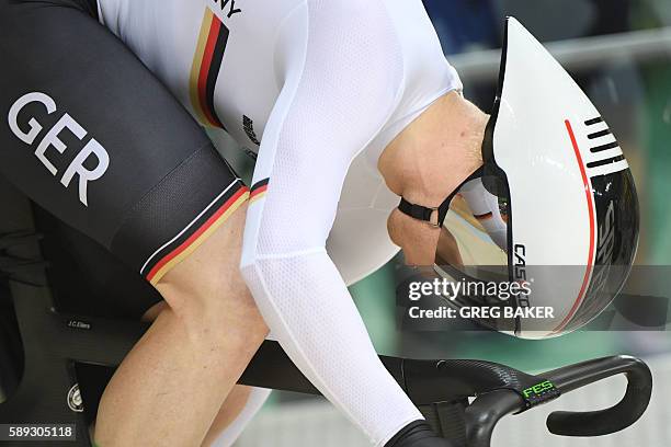 Germany's Joachim Eilers takes the start during the men's Sprint quarter-finals track cycling event at the Velodrome during the Rio 2016 Olympic...