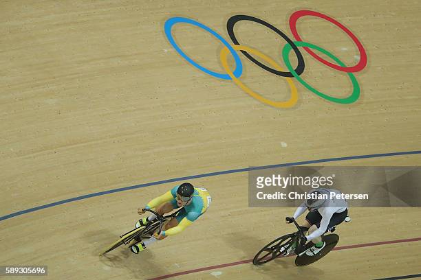 Matthew Glaetzer of Australia and Joachim Eilers of Germany compete in the Men's Sprint Quarterfinal Race 1 on Day 8 of the Rio 2016 Olympic Games at...