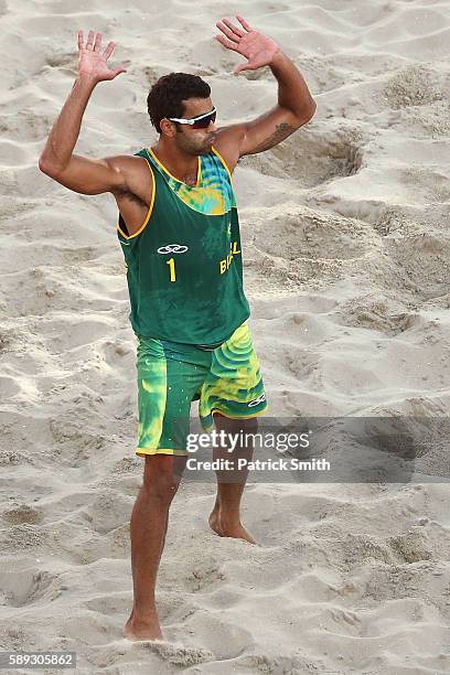 Pedro Solberg of Brazil reacts during a Men's Round of 16 match between Brazil and Russia on Day 8 of the Rio 2016 Olympic Games at the Beach...