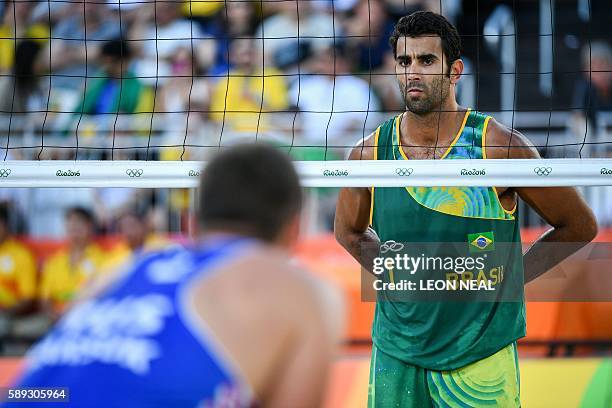 Brazil's Pedro Solberg competes the men's beach volleyball round of 16 match between Brazil and Russia at the Beach Volley Arena in Rio de Janeiro on...