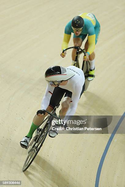 Matthew Glaetzer of Australia and Joachim Eilers of Germany compete in the Men's Sprint Quarterfinal race 2 on Day 8 of the Rio 2016 Olympic Games at...