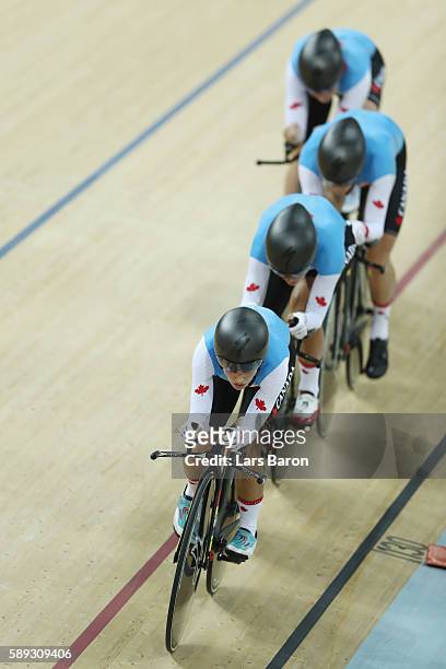 Allison Beveridge, Jasmin Glaesser, Kirsti Lay and Georgia Simmerling of Canada compete in the Women's Team Pursuit Final for the Bronze medal on Day...