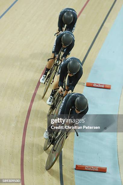 Lauren Ellis, Racquel Sheath, Rushlee Buchanan and Jaime Nielsen of New Zealand compete in the Women's Team Pursuit Final for the Bronze medal on Day...