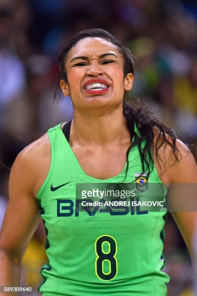 Brazil's shooting guard Iziane Castro recats during a Women's round Group A basketball match between Turkey and Brazil at the Youth Arena in Rio de...
