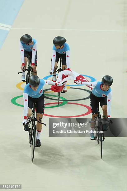 Allison Beveridge, Jasmin Glaesser, Kirsti Lay and Georgia Simmerling of Canada celebrate winning the bronze medal after the Women's Team Pursuit...