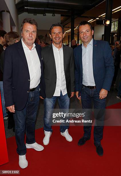 Heribert Bruchhagen, Dirk Schuster and Christian Heidel attend the 11FREUNDE Meisterfeier 2016 at Rheinterrassen on August 13, 2016 in Duesseldorf,...