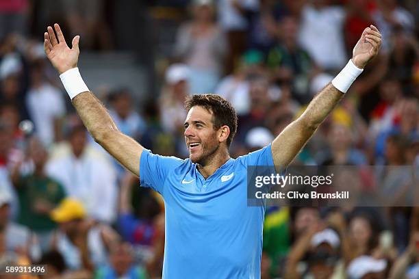 Juan Martin Del Potro of Argentina reacts after defeating Rafael Nadal of Spain in the Men's Singles Semifinal Match on Day 8 of the Rio 2016 Olympic...